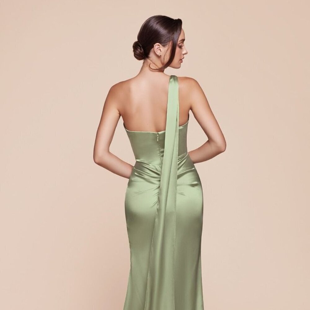 NEW FORMAL SHEATH SATIN DRESS W/ WRAP HALTER NECK LEG SLIT & ZIPPER BACK CD 7454 - Picture 6 of 11